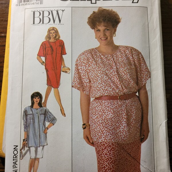 Vintage 80's UNCUT Simplicity Pluss Sizes 18W-24W Dress, Tunic and Skirt Pattern 9120