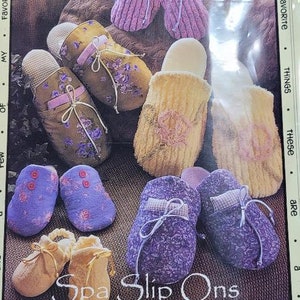May include: A close-up of a package featuring a variety of colorful slippers with the text "Spa Slip Ons with heatable pouch".