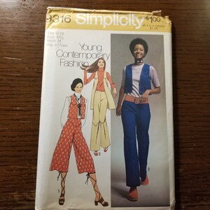 May include: Simplicity sewing pattern number 9316 for young contemporary fashion. The pattern includes two outfits: a red and white patterned vest and pants with a brown belt and a blue denim vest and pants with a brown belt. The pattern is for sizes 9/10, bust 30 1/2 inches, waist 24 inches.