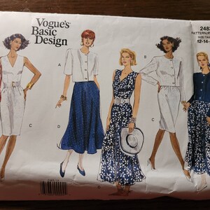 May include: A sewing pattern for a dress and jacket. The pattern is for sizes 12-14-16. The pattern shows four different styles of dresses and jackets. The dresses are all sleeveless and have a V-neck. The jackets are all long-sleeved and have a button-up front.