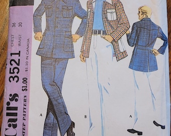 Patrón de chaqueta y pantalón "Leisure Suit" de McCalls para hombre, talla 36 de pecho y 30 de cintura, sin cortar, de 1973 (modelo 3521).