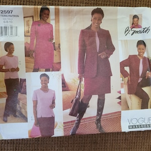 May include: A sewing pattern for a skirt and jacket set. The pattern is for sizes 6-8-10 and is from Vogue Wardrobe. The pattern is by B. Smith.