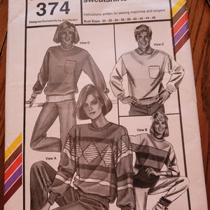 Vintage 80&#39;s UNCUT Stretch & Sew Bust and Chest Size 30-46 Banded Sweatshirts Pattern 374