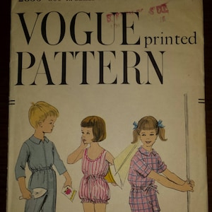 May include: A vintage Vogue sewing pattern for children's clothing. The pattern is for a jumpsuit, a dress, and a pair of shorts. The pattern is printed on a cream-colored paper with black text. The pattern number is 2836. The price is 50c. The pattern includes size charts for infants and girls.