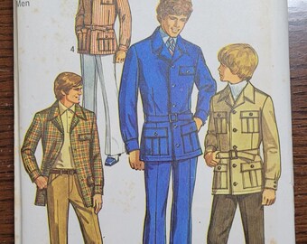 May include: A vintage Simplicity sewing pattern for men's clothing. The pattern shows three different styles of jackets and pants. The pattern number is 9123 and the price is $1.00.