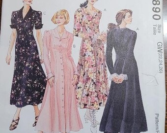 Vintage 90's UNCUT McCalls Plus Size 22, 24, 26 Fit and Flared Dress Pattern 7890