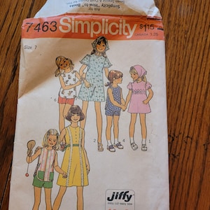 Vintage 70&#39;s UNCUT Childs sz 7 Simplicity Jiffy Dress, Top, Shorts and Scarf Pattern 7463