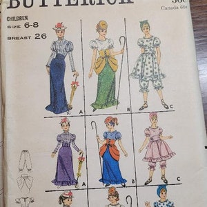 May include: A vintage sewing pattern for children's and misses' dresses. The pattern includes three different styles of dresses, all with a Victorian-inspired look. The pattern is from Butterick and is numbered 3273. The pattern is for sizes 6-8, 10-12, 14, and 14-16.