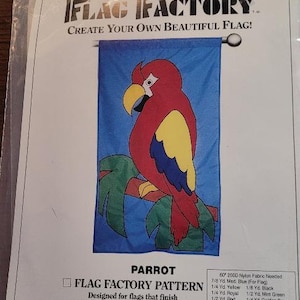 May include: A sewing pattern for a parrot flag. The pattern is designed for flags that finish at 28 inches by 49 inches. The pattern includes instructions for sewing the flag. The pattern is from The Flag Factory, a division of Mutual Industries.