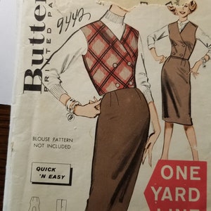 May include: Vintage sewing pattern for a dress with a vest. The pattern is for a young junior or teen and is from Butterick, pattern number 9442. The pattern is for a one-yard line dress and includes a quick and easy option.