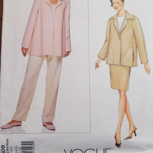 May include: A sewing pattern for a jacket and skirt set by Oscar de la Renta. The pattern is for sizes 12-14-16. The pattern is from Vogue Patterns.