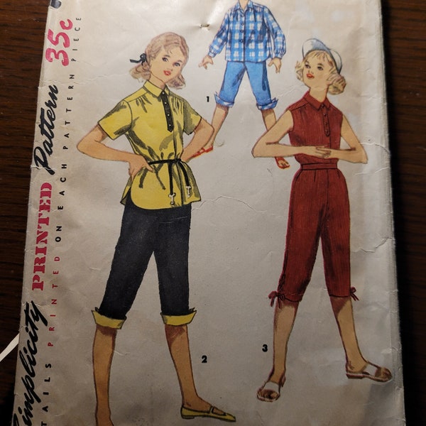 Rare Vintage 50's Simplicity girls sz 8 shirt and pedal pushers pants pattern 4987, CUT