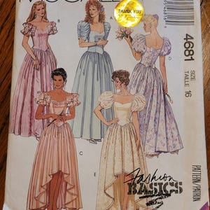 May include: McCall's sewing pattern featuring illustrations of formal gowns. The pattern includes various dress designs with puff sleeves and high-low hemlines. The size is 16. The cover has the text "Fashion Basics".