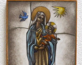 Opaline Glass Icon: Our Lady and Baby Jesus, Van Paridon Art Deco Wall Decor