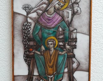 Van Paridon Opaline Glass Icon Madonna Child – Mid Century Dutch Religious Art Panel