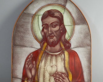 Sacred Heart of Jesus Opaline Glass Icon: VAn Paridon Vintage Dutch Religious Art