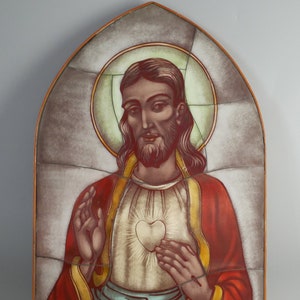 Sacred Heart of Jesus Opaline Glass Icon: VAn Paridon Vintage Dutch Religious Art