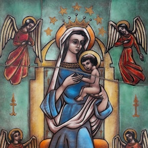 Vintage Opaline Glass Icon: Our Lady and Baby Jesus, Van Paridon Dutch Religious Art