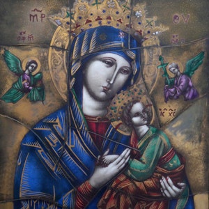 Vintage Opaline Glass Icon: Our Lady and Baby Jesus, Van Paridon Dutch Religious Art