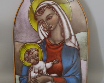 Opaline Glass Icon H37cm, Our Lady and Baby Jesus Christ, Art Deco Handcrafted Stained Glass Icon, Van Paridon Christian Catholic Wall Decor
