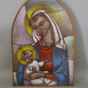 Opaline Glass Icon H37cm, Our Lady and Baby Jesus Christ, Art Deco Handcrafted Stained Glass Icon, Van Paridon Christian Catholic Wall Decor