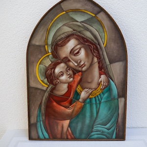 Vintage Opaline Glass Icon: Our Lady & Baby Jesus, Van Paridon Dutch Religious Art