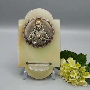 Antique French Holy Water Font: Sacred Heart, Green Onyx & Enamel