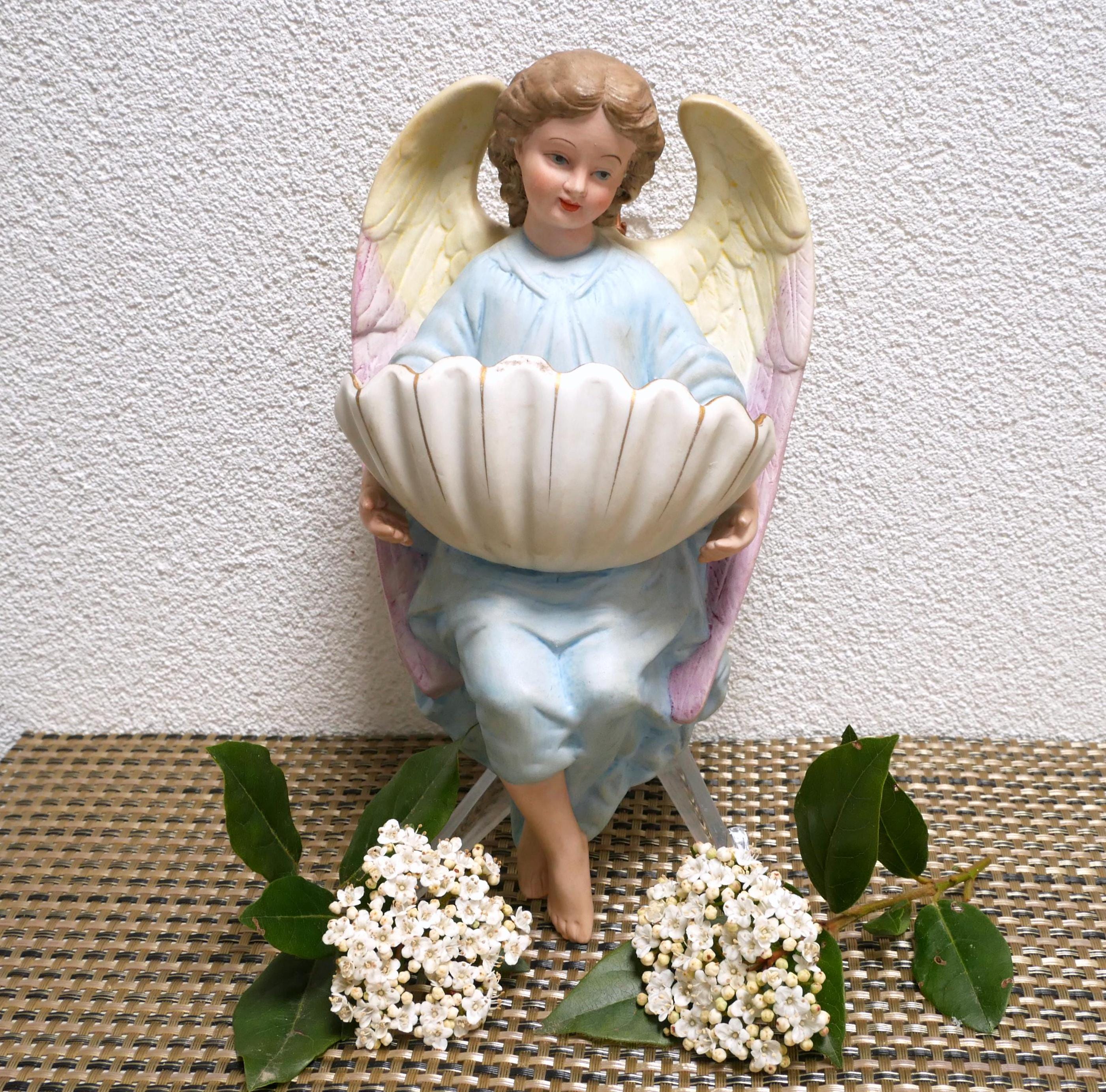 Large Angel Holy Water Font – Hand Painted Bisque Porcelain Wall Hanging – 1970s Vintage Catholic Religious Decor H23cm
