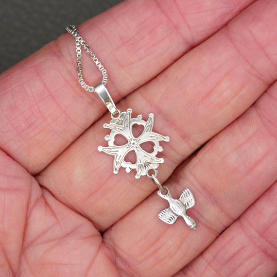 Vintage 835 Silver Huguenot Cross Pendant with Op… - image 4