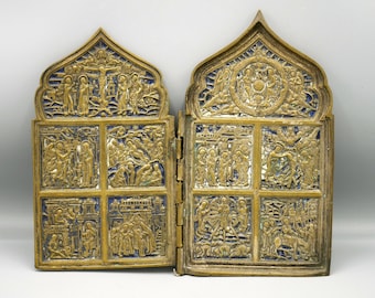 Antique Bronze Orthodox Folding Icon: 1800s Christian Travel Skladen