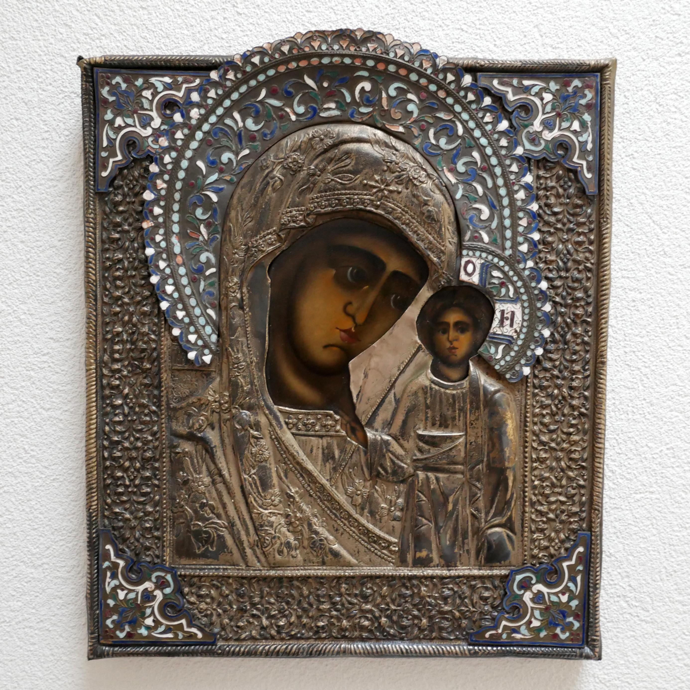 Vintage Kazan Mother of God Icon: Enamel Riza, Silver-Tone Oklad