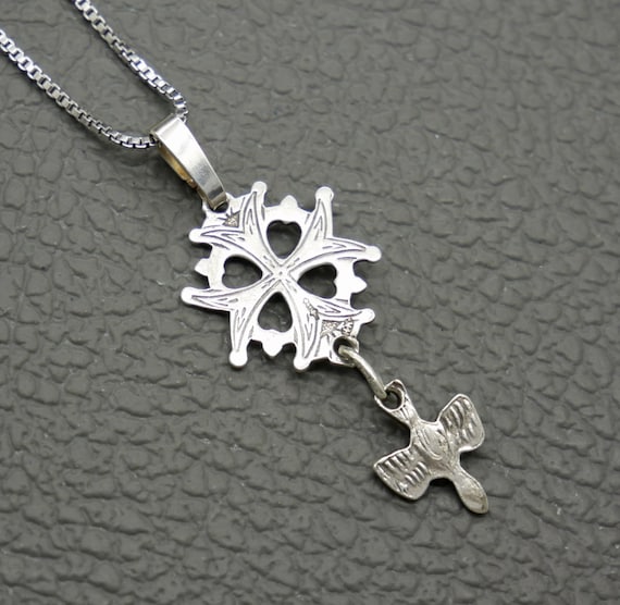Vintage 835 Silver Huguenot Cross Pendant with Op… - image 2