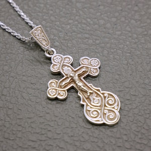 Vintage Sterling Silver Orthodox Cross Pendant with Optional 20&quot; Rope Chain – Christian Crucifix Necklace – “Bless and Save” Inscription