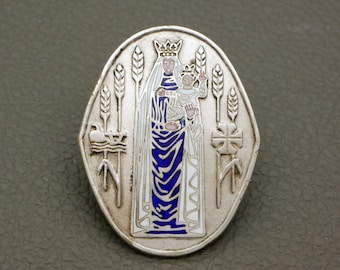 Vintage Enameled Our Lady and Baby Jesus Brooch: Mid Century Catholic Jewelry
