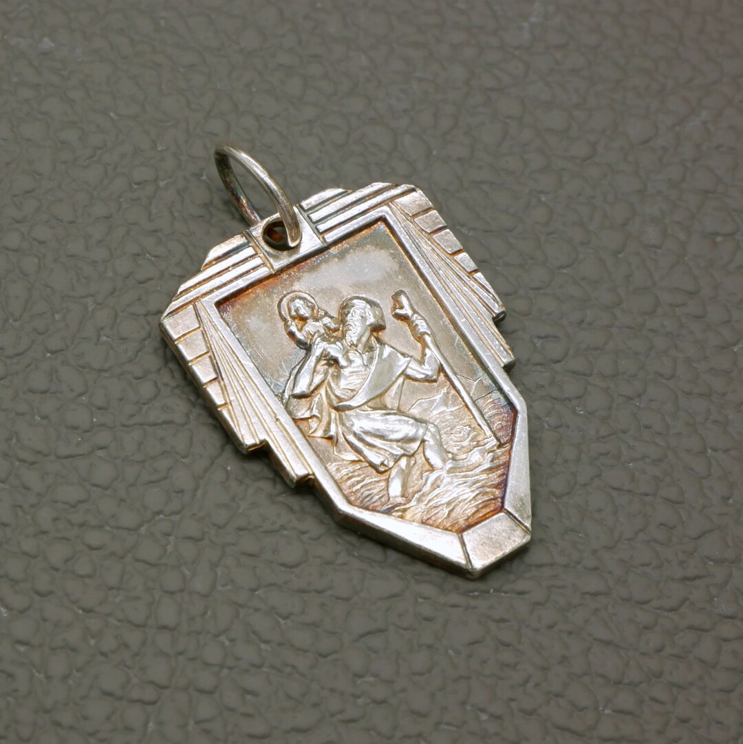 St. Christopher Catholic Prayer Medal Pendant, Art Deco Style Dutch