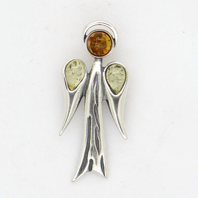 Guardian Angel Pendant and Chain, Genuine Baltic Amber & Sterling Silver, Modernist Design, Christian Religious Catholic Spiritual Jewelry