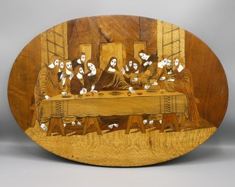 1930's Italian Wood Inlay Marquetry Last Supper Oval Wall Panel, Vintage Religious Catholic Wall Hanging Ornament