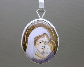 Virgin Mary with Baby Jesus Sterling Silver Pendant: Artisanal Fire Enamel Vintage Catholic Jewelry