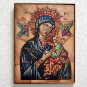 Vintage Opaline Glass Icon: Our Lady and Baby Jesus, Dutch Religious Art