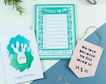 Cacti Card Gift Set - Christian gift set: Things to do notepad, We love mini flag and 3D cacti birthday card