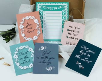 Bible Verse Notepad Gift Set - Christian gifts, list notepad, mini flag and set of postcards