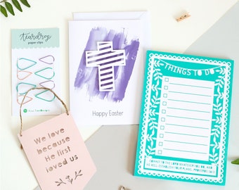 Easter Gift Set - Cross 3D Paper Cut Card, Mini Paper Cut Flag, A5 Notepad, Teardrop Paperclips