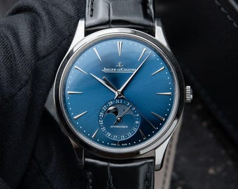 Vintage Jaeger-LeCoultre Master Ultra Thin Moon Phase Blue Dial Steel Leather 39, men's watch, gift for him