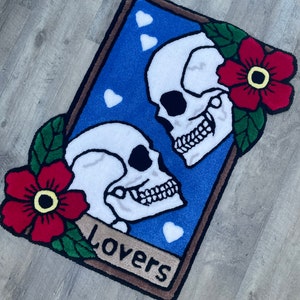 Tufted Tarot Rug: Skull 'Lovers' Card, Handmade Acrylic Yarn