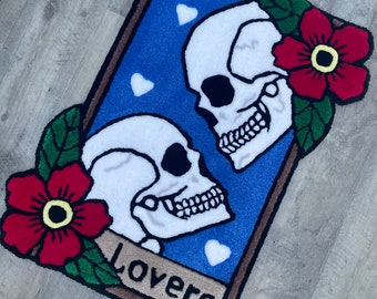 Tufted Tarot Rug: Skull 'Lovers' Card, Handmade Acrylic Yarn