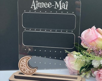Personalized Moon Earring Holder: Acrylic & Oak Stud/Dangle Storage