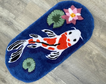 Koi Fish Tufted Rug: Handmade Acrylic Yarn Rug (31.5 x 15.5 inches)