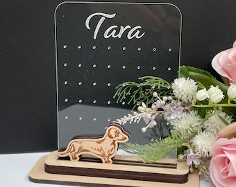 Personalized Dachshund Earring Stand: Acrylic & Oak Stud Holder
