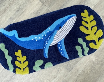 Handmade Whale Rug: Tufted Acrylic Yarn, Nautical Nursery Decor (31x15 inches)