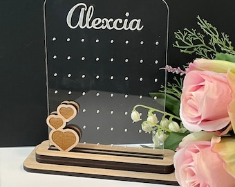 Personalized Acrylic Earring Stand: Oak Veneer Base, Stud Storage